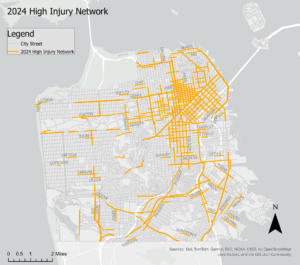 Map of San Francisco streets where corridors of 10 or more traffic fatalities or severe injuries occurred between 2020 and 2024.